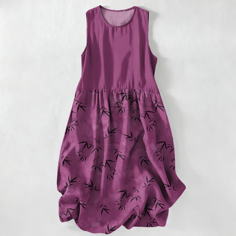 Buddha Stones Robe midi d'été décontractée pour femme, sans manches, à motif de feuilles de bambou et poches - Rouge violet moyen - US16，UK/AU20，EU48 (3XL) - image 0
