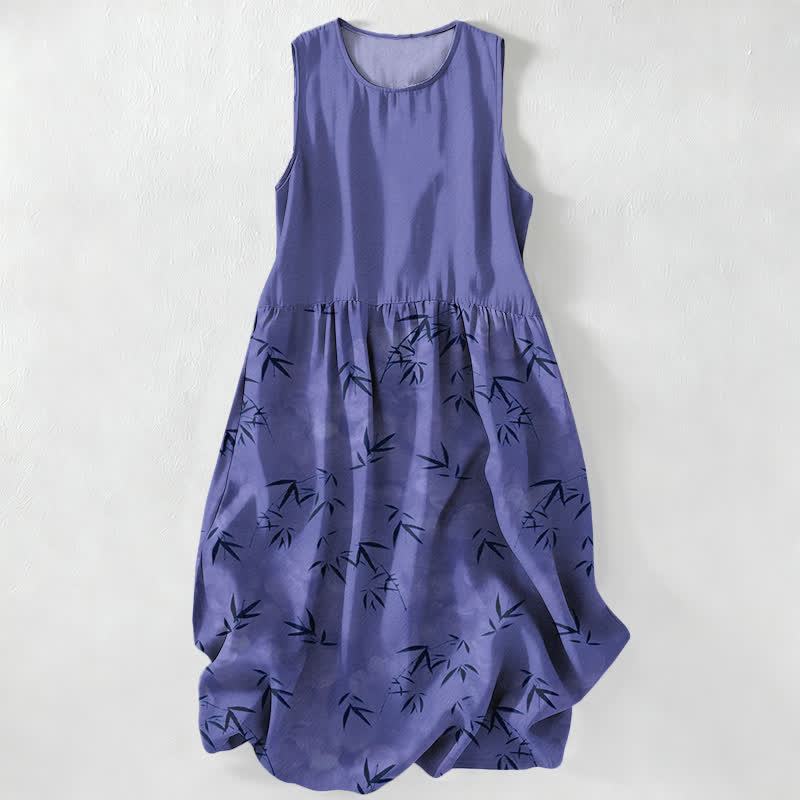 Buddha Stones Robe midi d'été décontractée pour femme, sans manches, à motif de feuilles de bambou et poches - Bleu ardoise - US16，UK/AU20，EU48 (3XL) - image 4