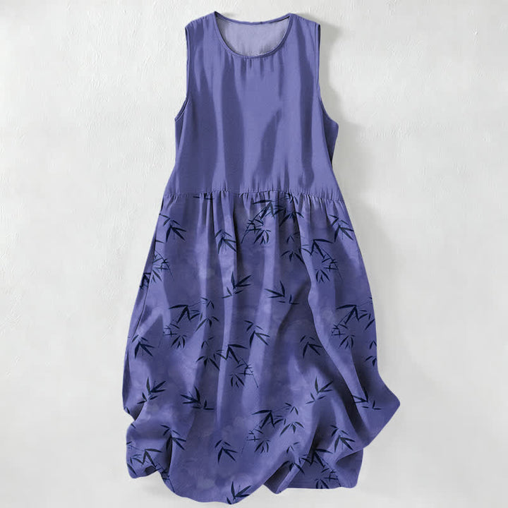 Buddha Stones Robe midi d'été décontractée pour femme, sans manches, à motif de feuilles de bambou et poches - Bleu ardoise - US16，UK/AU20，EU48 (3XL) - image 4