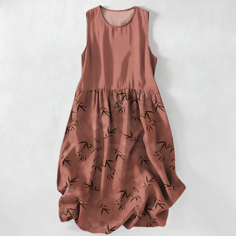 Buddha Stones Robe midi d'été décontractée pour femme, sans manches, à motif de feuilles de bambou et poches - Chocolat - US16，UK/AU20，EU48 (3XL) - image 5