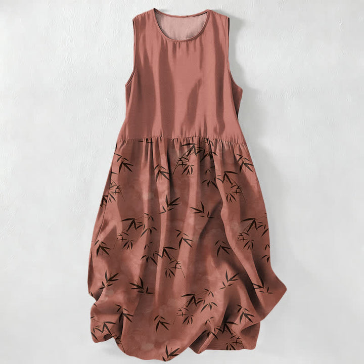 Buddha Stones Robe midi d'été décontractée pour femme, sans manches, à motif de feuilles de bambou et poches - Chocolat - US16，UK/AU20，EU48 (3XL) - image 5