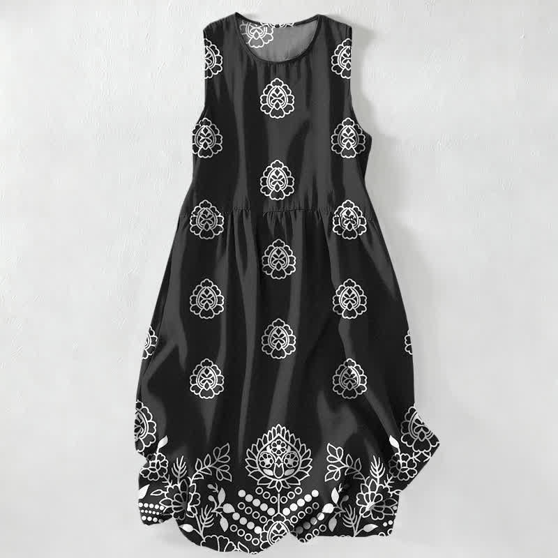 Buddha Stones Robe midi d'été décontractée et vintage à motif floral vintage avec médaillons et feuilles, sans manches et avec poches. - Noir - US16，UK/AU20，EU48 (3XL) - image 0