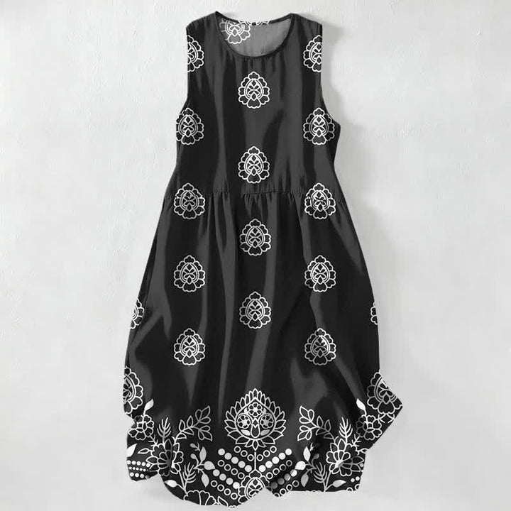 Buddha Stones Robe midi d'été décontractée et vintage à motif floral vintage avec médaillons et feuilles, sans manches et avec poches. - Noir - US16，UK/AU20，EU48 (3XL) - image 0