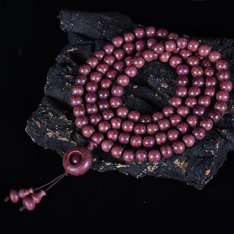 Buddha Stones Mala de 108 perles en calebasse Peltogyne naturelle - Boucle ronde - 8 mm - image 15
