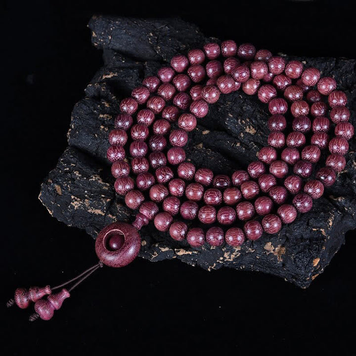 Buddha Stones Mala de 108 perles en calebasse Peltogyne naturelle - Boucle ronde - 8 mm - image 15
