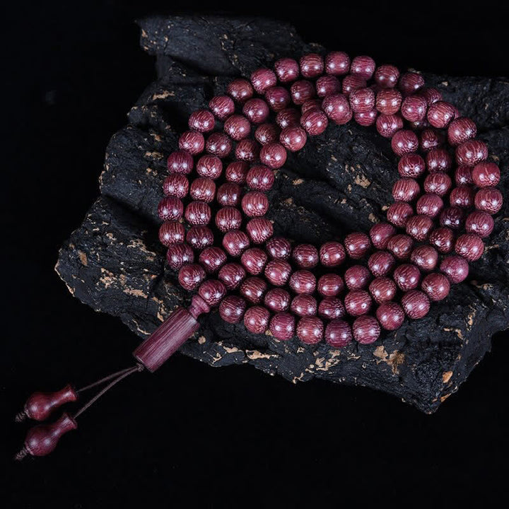 Buddha Stones Mala de 108 perles en calebasse Peltogyne naturelle - Joint en bambou - 8 mm - image 12