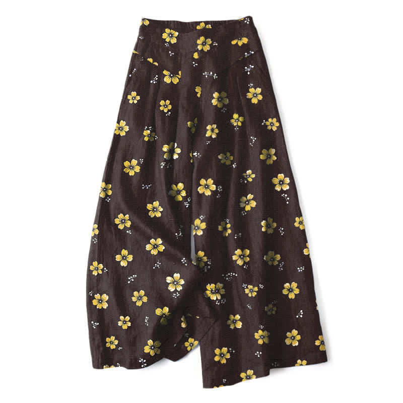 Buddha Stones Pantalon large pour femme en coton et lin à motif floral vintage, taille élastique et poches - Noir - US16，UK/AU20，EU48 (3XL) - image 0