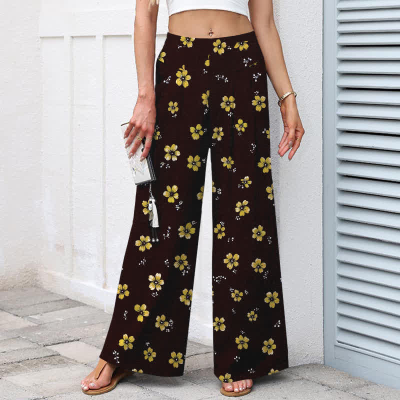 Buddha Stones Pantalon large pour femme en coton et lin à motif floral vintage, taille élastique et poches - image 1