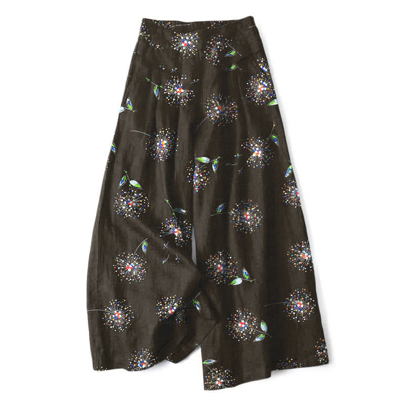 Buddha Stones Pantalon large en coton et lin à motif floral coloré de pissenlits pour femme, taille élastique et poches - Noir - US16，UK/AU20，EU48 (3XL) - image 0