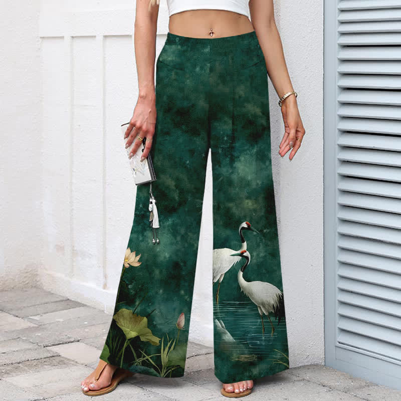Buddha Stones Pantalon large en coton et lin à motif grues et lotus pour femme, avec taille élastique et poches - image 1