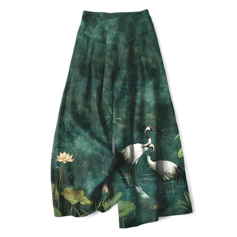 Buddha Stones Pantalon large en coton et lin à motif grues et lotus pour femme, avec taille élastique et poches - Vert forêt - US16，UK/AU20，EU48 (3XL) - image 0