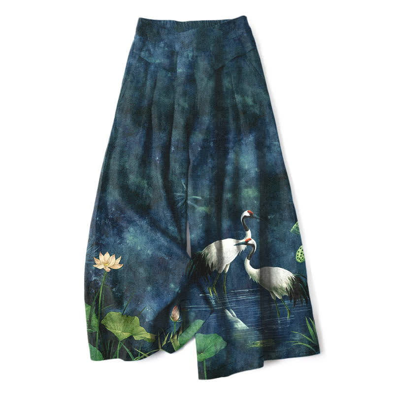 Buddha Stones Pantalon large en coton et lin à motif grues et lotus pour femme, avec taille élastique et poches - SteelBlue - US16，UK/AU20，EU48 (3XL) - image 4