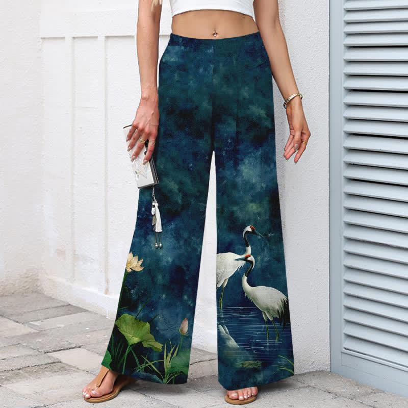 Buddha Stones Pantalon large en coton et lin à motif grues et lotus pour femme, avec taille élastique et poches - image 5