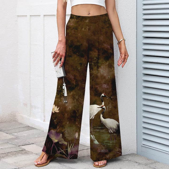 Buddha Stones Pantalon large en coton et lin à motif grues et lotus pour femme, avec taille élastique et poches - image 7