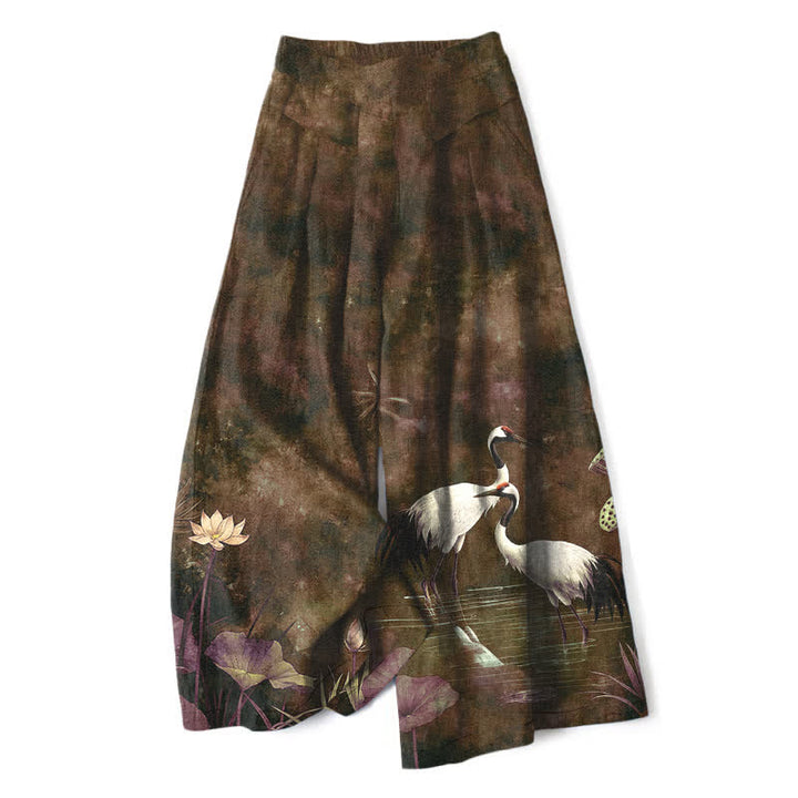 Buddha Stones Pantalon large en coton et lin à motif grues et lotus pour femme, avec taille élastique et poches - SaddleBrown - US16，UK/AU20，EU48 (3XL) - image 6