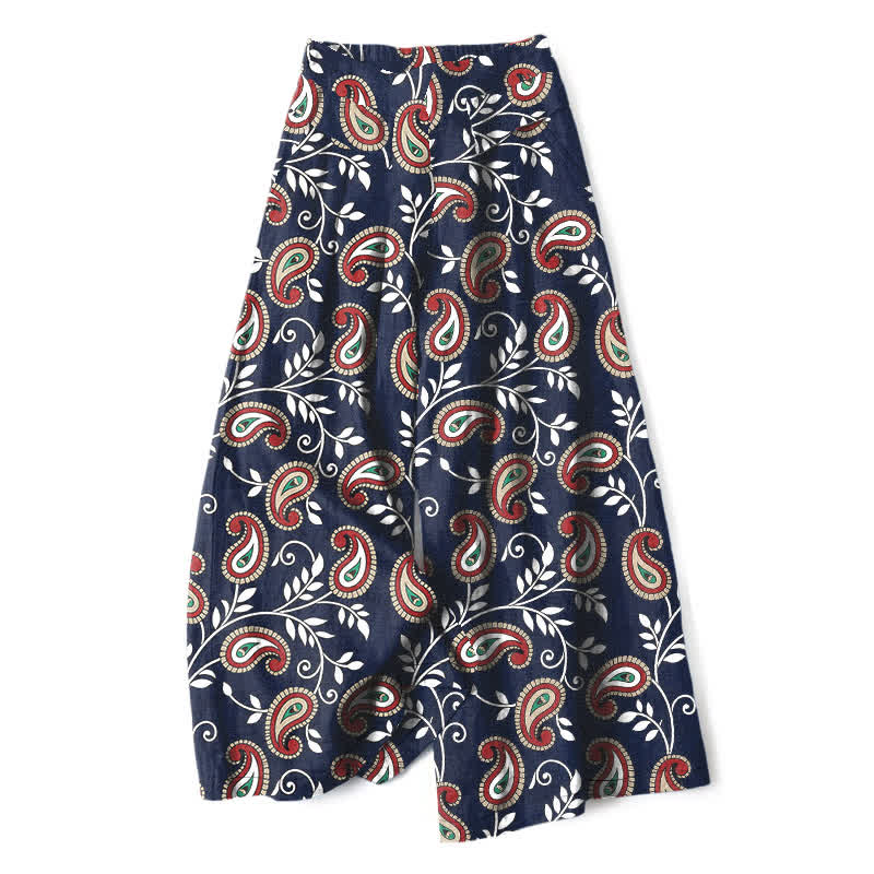 Buddha Stones Pantalon large pour femme en coton et lin à motif cachemire bohème, taille élastique et poches - Marine - US16，UK/AU20，EU48 (3XL) - image 0