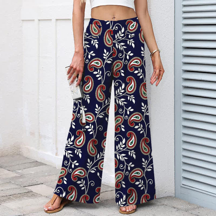 Buddha Stones Pantalon large pour femme en coton et lin à motif cachemire bohème, taille élastique et poches - image 1