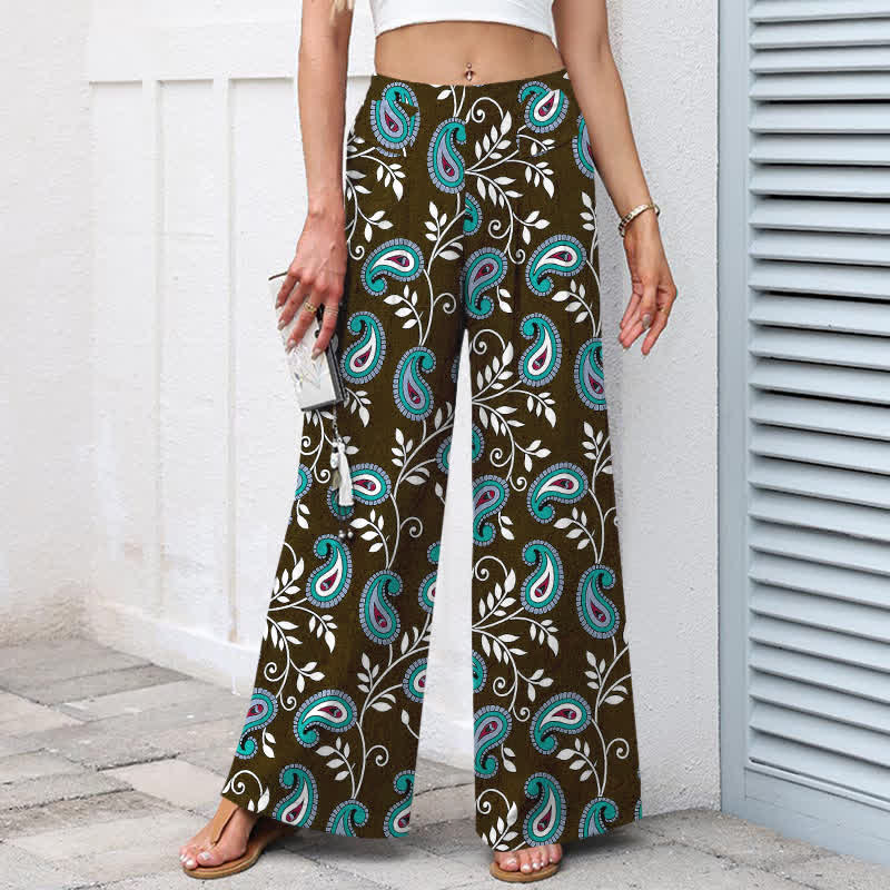Buddha Stones Pantalon large pour femme en coton et lin à motif cachemire bohème, taille élastique et poches - image 5