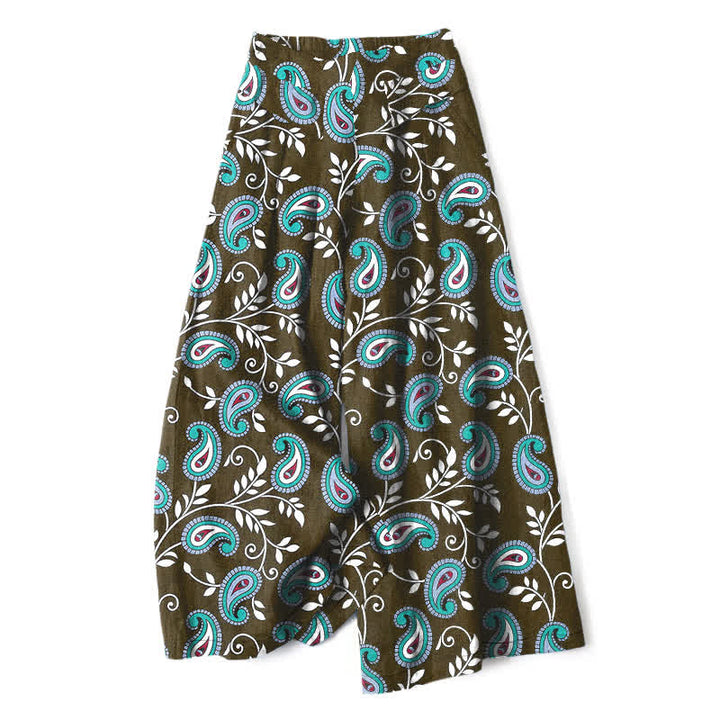 Buddha Stones Pantalon large pour femme en coton et lin à motif cachemire bohème, taille élastique et poches - Vert olive foncé - US16，UK/AU20，EU48 (3XL) - image 4