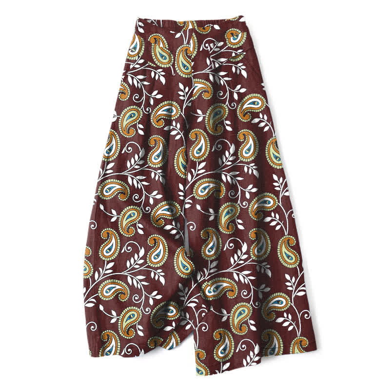 Buddha Stones Pantalon large pour femme en coton et lin à motif cachemire bohème, taille élastique et poches - Bordeaux - US16，UK/AU20，EU48 (3XL) - image 6