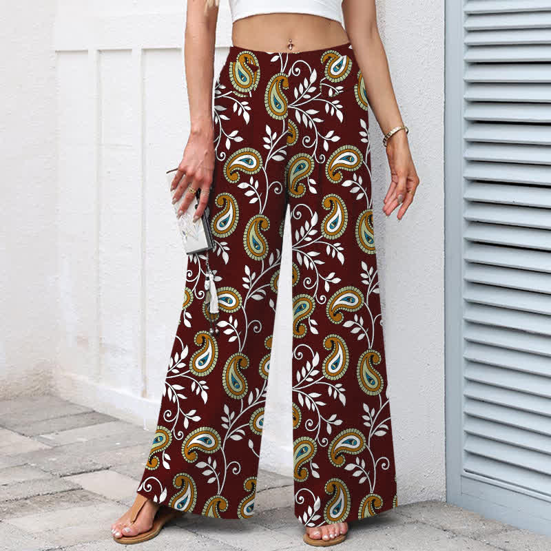 Buddha Stones Pantalon large pour femme en coton et lin à motif cachemire bohème, taille élastique et poches - image 7