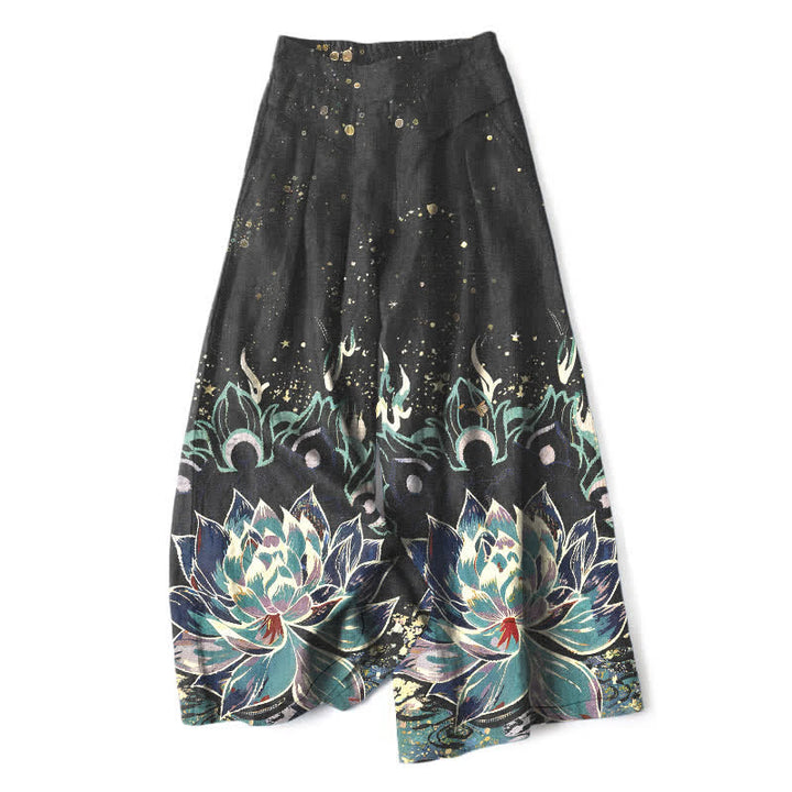 Buddha Stones Pantalon large en coton et lin à motif de lotus en fleurs pour femme, taille élastique et poches - Noir - US16，UK/AU20，EU48 (3XL) - image 0