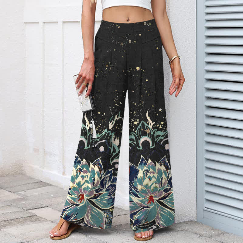 Buddha Stones Pantalon large en coton et lin à motif de lotus en fleurs pour femme, taille élastique et poches - image 1