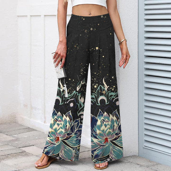 Buddha Stones Pantalon large en coton et lin à motif de lotus en fleurs pour femme, taille élastique et poches - image 1