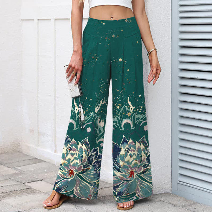 Buddha Stones Pantalon large en coton et lin à motif de lotus en fleurs pour femme, taille élastique et poches - image 5