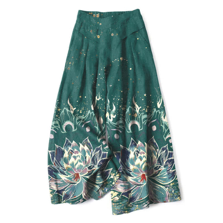 Buddha Stones Pantalon large en coton et lin à motif de lotus en fleurs pour femme, taille élastique et poches - Sarcelle - US16，UK/AU20，EU48 (3XL) - image 4