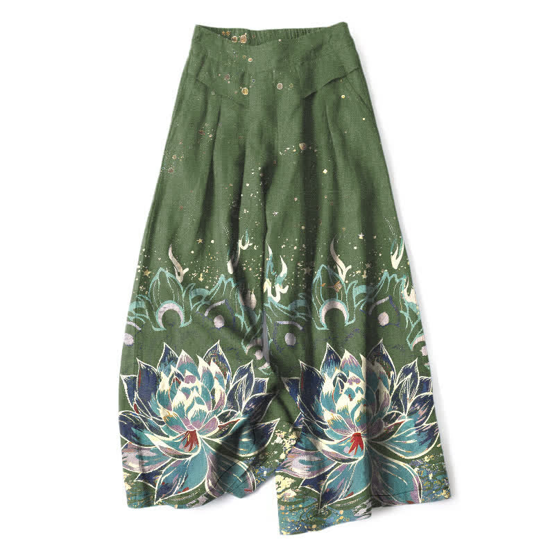 Buddha Stones Pantalon large en coton et lin à motif de lotus en fleurs pour femme, taille élastique et poches - Vert olive - US16，UK/AU20，EU48 (3XL) - image 6