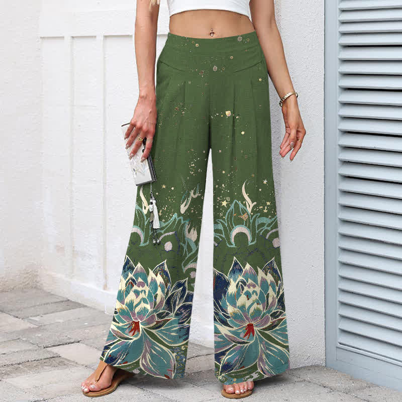Buddha Stones Pantalon large en coton et lin à motif de lotus en fleurs pour femme, taille élastique et poches - image 7