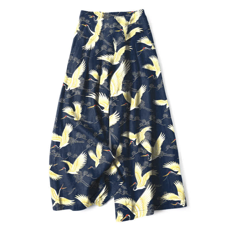 Buddha Stones Pantalon large à taille élastique et poches pour femme, en coton et lin, motif grues dorées - Marine - US16，UK/AU20，EU48 (3XL) - image 0