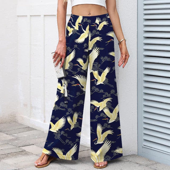 Buddha Stones Pantalon large à taille élastique et poches pour femme, en coton et lin, motif grues dorées - image 1