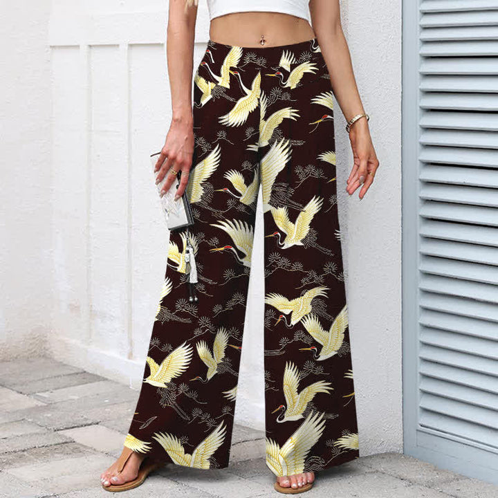 Buddha Stones Pantalon large à taille élastique et poches pour femme, en coton et lin, motif grues dorées - image 5