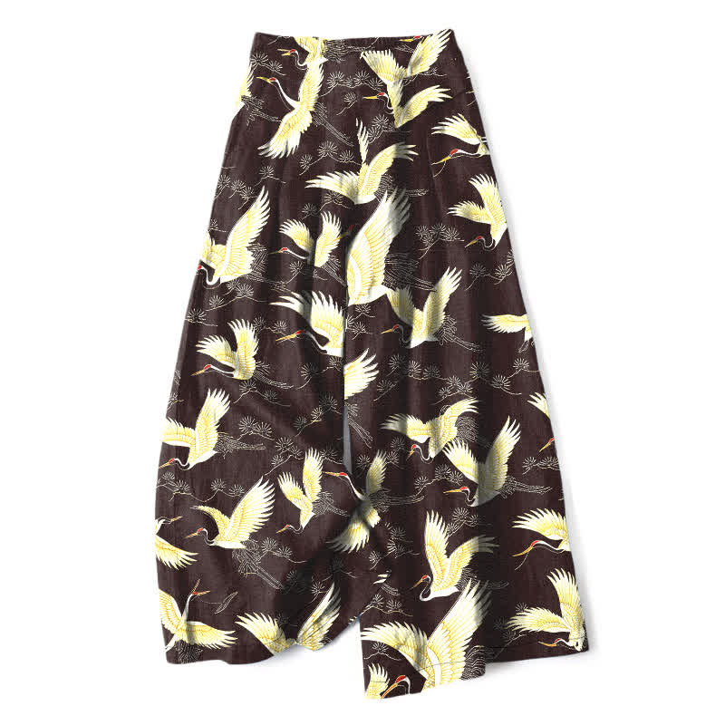 Buddha Stones Pantalon large à taille élastique et poches pour femme, en coton et lin, motif grues dorées - SaddleBrown - US16，UK/AU20，EU48 (3XL) - image 4