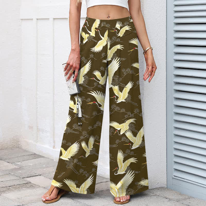 Buddha Stones Pantalon large à taille élastique et poches pour femme, en coton et lin, motif grues dorées - image 7