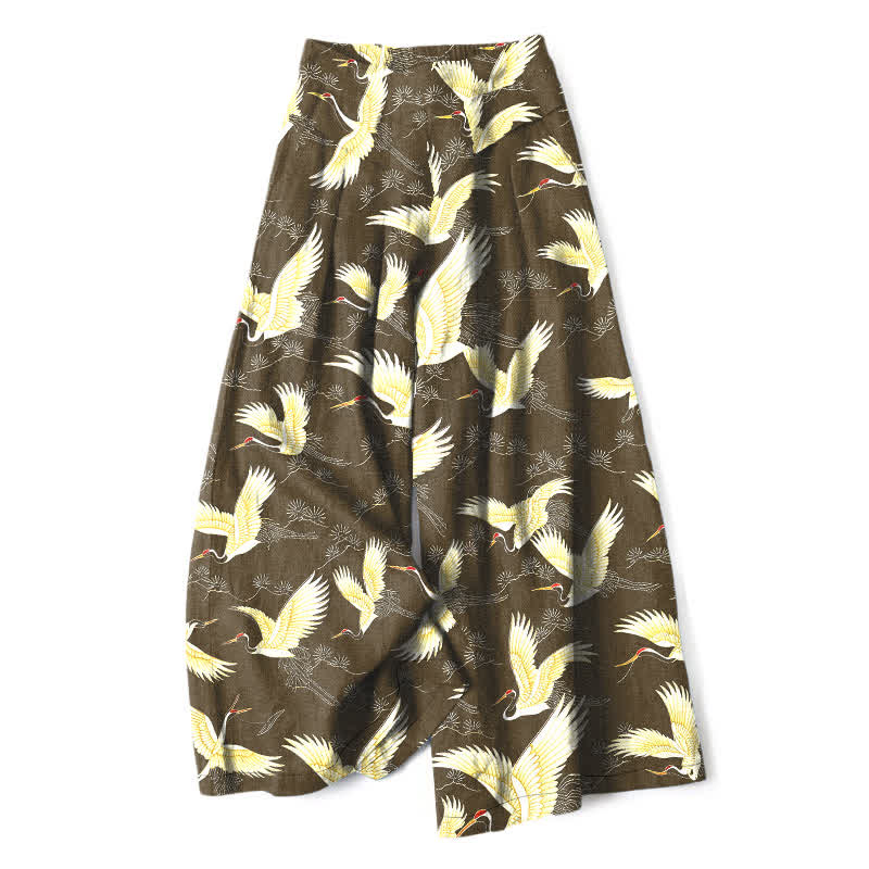 Buddha Stones Pantalon large à taille élastique et poches pour femme, en coton et lin, motif grues dorées - Kaki foncé - US16，UK/AU20，EU48 (3XL) - image 6