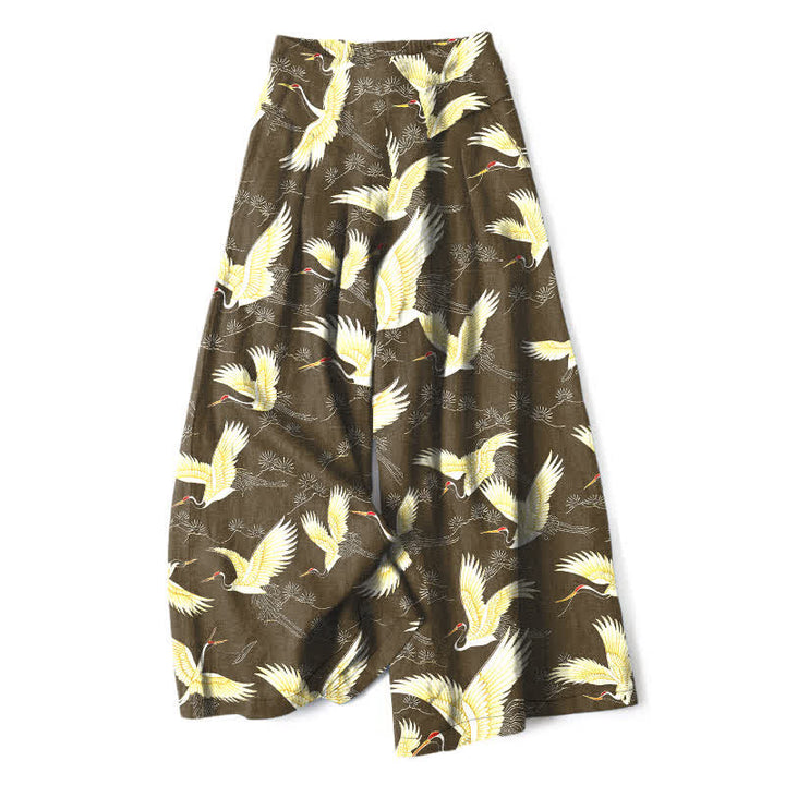 Buddha Stones Pantalon large à taille élastique et poches pour femme, en coton et lin, motif grues dorées - Kaki foncé - US16，UK/AU20，EU48 (3XL) - image 6