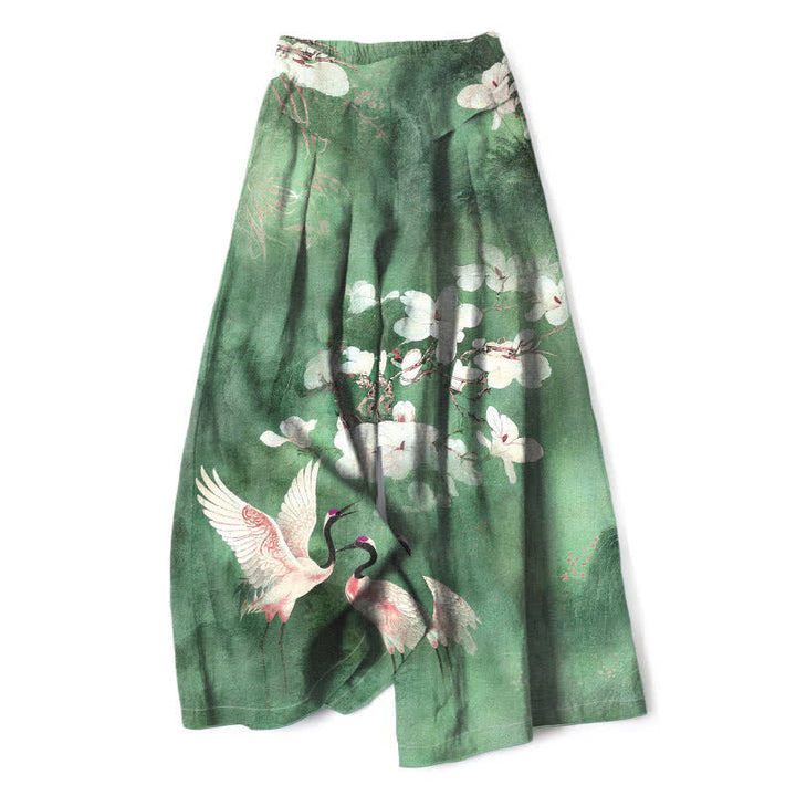 Buddha Stones Pantalon large à taille élastique et poches pour femme, en coton et lin, motif floral blanc Crane - Vert d'eau - US16，UK/AU20，EU48 (3XL) - image 0