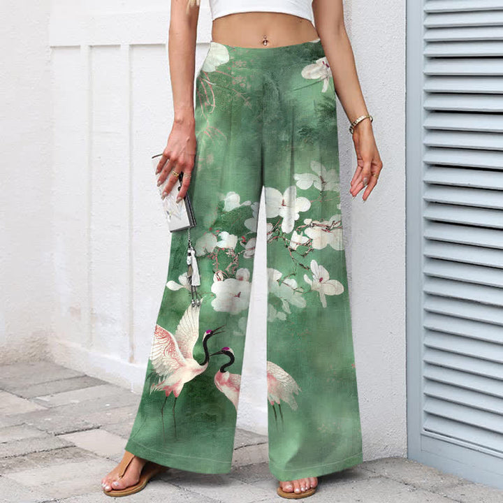 Buddha Stones Pantalon large à taille élastique et poches pour femme, en coton et lin, motif floral blanc Crane - image 1