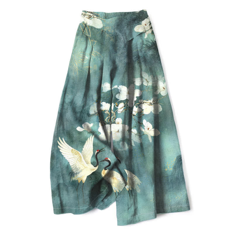 Buddha Stones Pantalon large à taille élastique et poches pour femme, en coton et lin, motif floral blanc Crane - CadetBlue - US16，UK/AU20，EU48 (3XL) - image 4