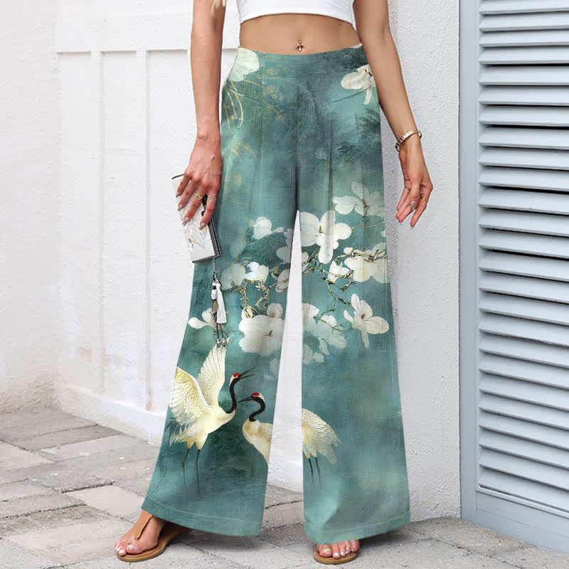 Buddha Stones Pantalon large à taille élastique et poches pour femme, en coton et lin, motif floral blanc Crane - image 5