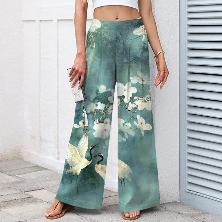 Buddha Stones Pantalon large à taille élastique et poches pour femme, en coton et lin, motif floral blanc Crane - image 5