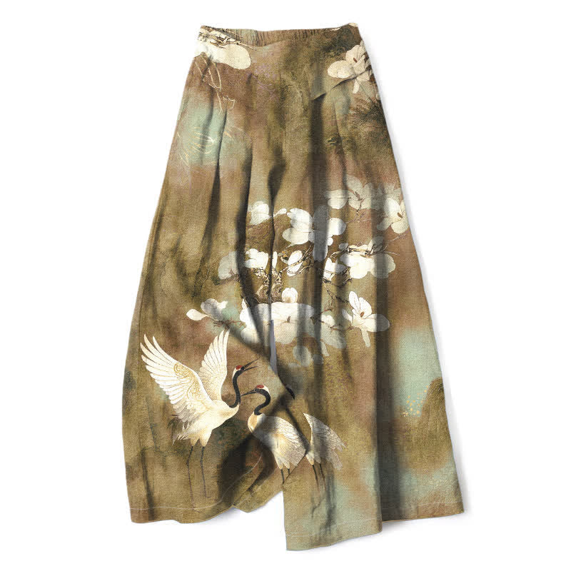 Buddha Stones Pantalon large à taille élastique et poches pour femme, en coton et lin, motif floral blanc Crane - Kaki foncé - US16，UK/AU20，EU48 (3XL) - image 6