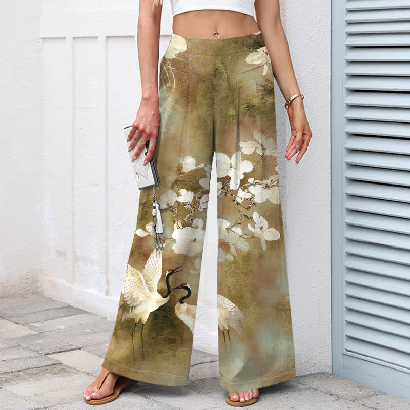Buddha Stones Pantalon large à taille élastique et poches pour femme, en coton et lin, motif floral blanc Crane - image 7
