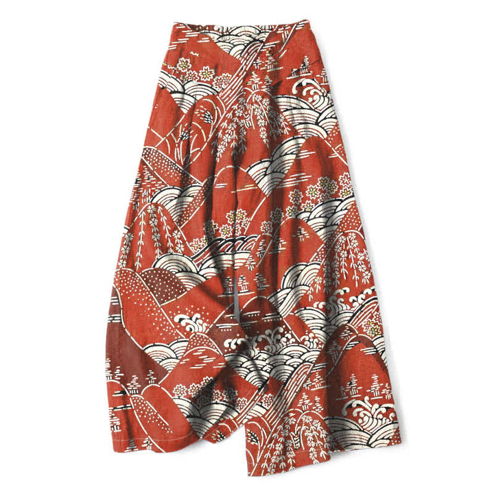 Buddha Stones Pantalon large à taille élastique et poches pour femme, en coton et lin, motif vagues japonaises - Rouge indien - US16，UK/AU20，EU48 (3XL) - image 0