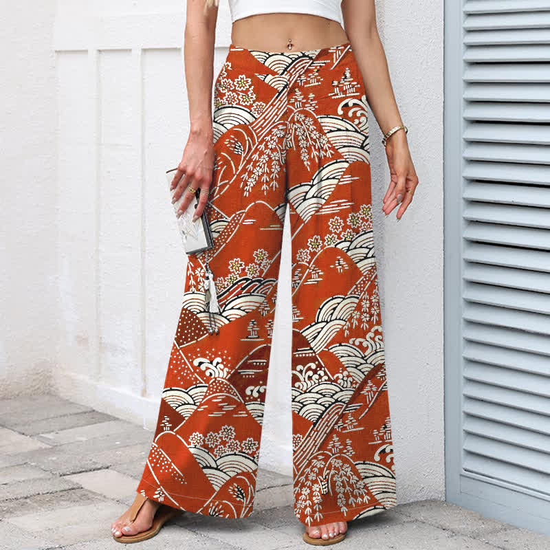 Buddha Stones Pantalon large à taille élastique et poches pour femme, en coton et lin, motif vagues japonaises - image 1