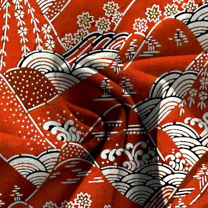 Buddha Stones Pantalon large à taille élastique et poches pour femme, en coton et lin, motif vagues japonaises - image 3