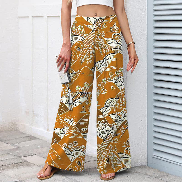 Buddha Stones Pantalon large à taille élastique et poches pour femme, en coton et lin, motif vagues japonaises - image 5